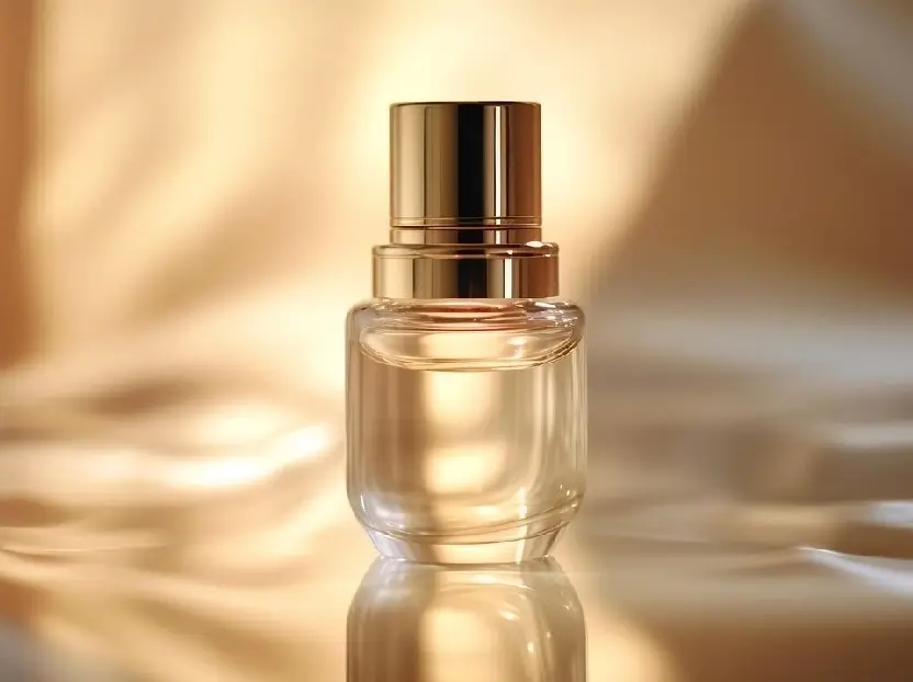 Bote transparente con una fragancia de color amarillo a su lado y una flor, hecho para combinar y desarrollar tu marca olfativa.